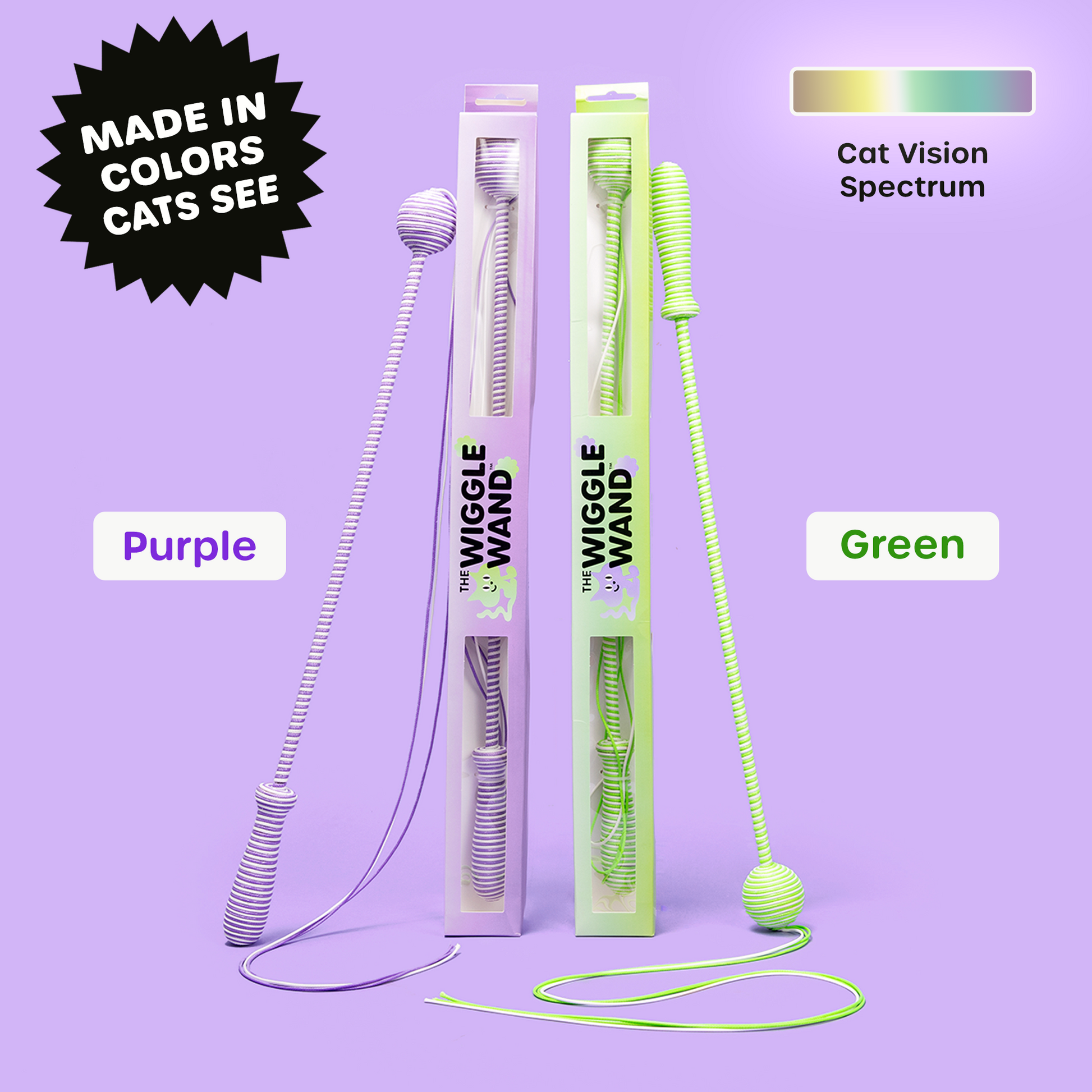 Side-by-side image of the Wiggle Wand™ Cat Toys in both vibrant green and stunning purple, showcasing the visually appealing color options designed to captivate cats' attention.