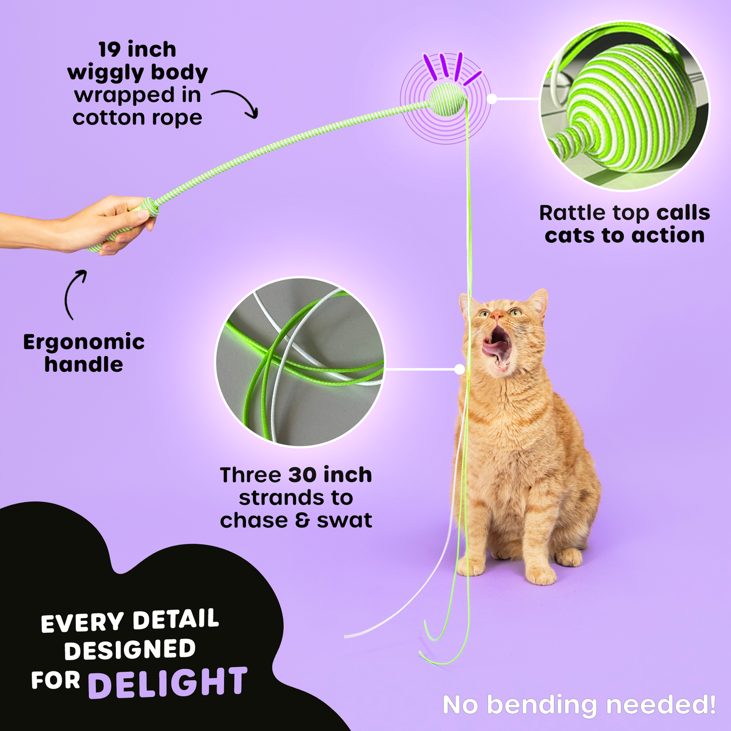 Graphic illustration featuring a hand holding the Wiggle Wand™ Cat Toy with an attentive cat gazing upwards, complemented by feature highlights like durable cotton rope and interactive design, showcasing the toy's appeal and functionality.