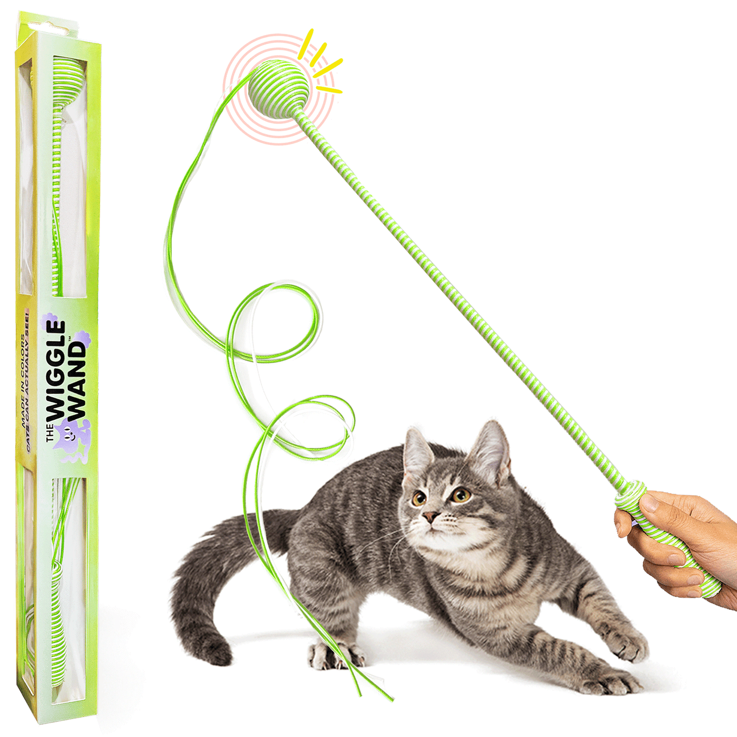 Green Wiggle Wand™ interactive cat toy stimulating play and exercise for cats.